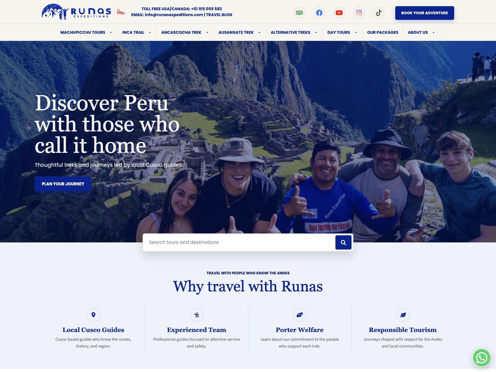 Vista previa del sitio de Runas Expeditions, tours y trekking desde Cusco por los Andes.